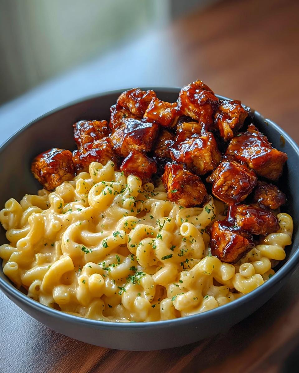 A bowl of creamy mac and cheese topped with glazed honey BBQ chicken pieces and sprinkled with parsley.