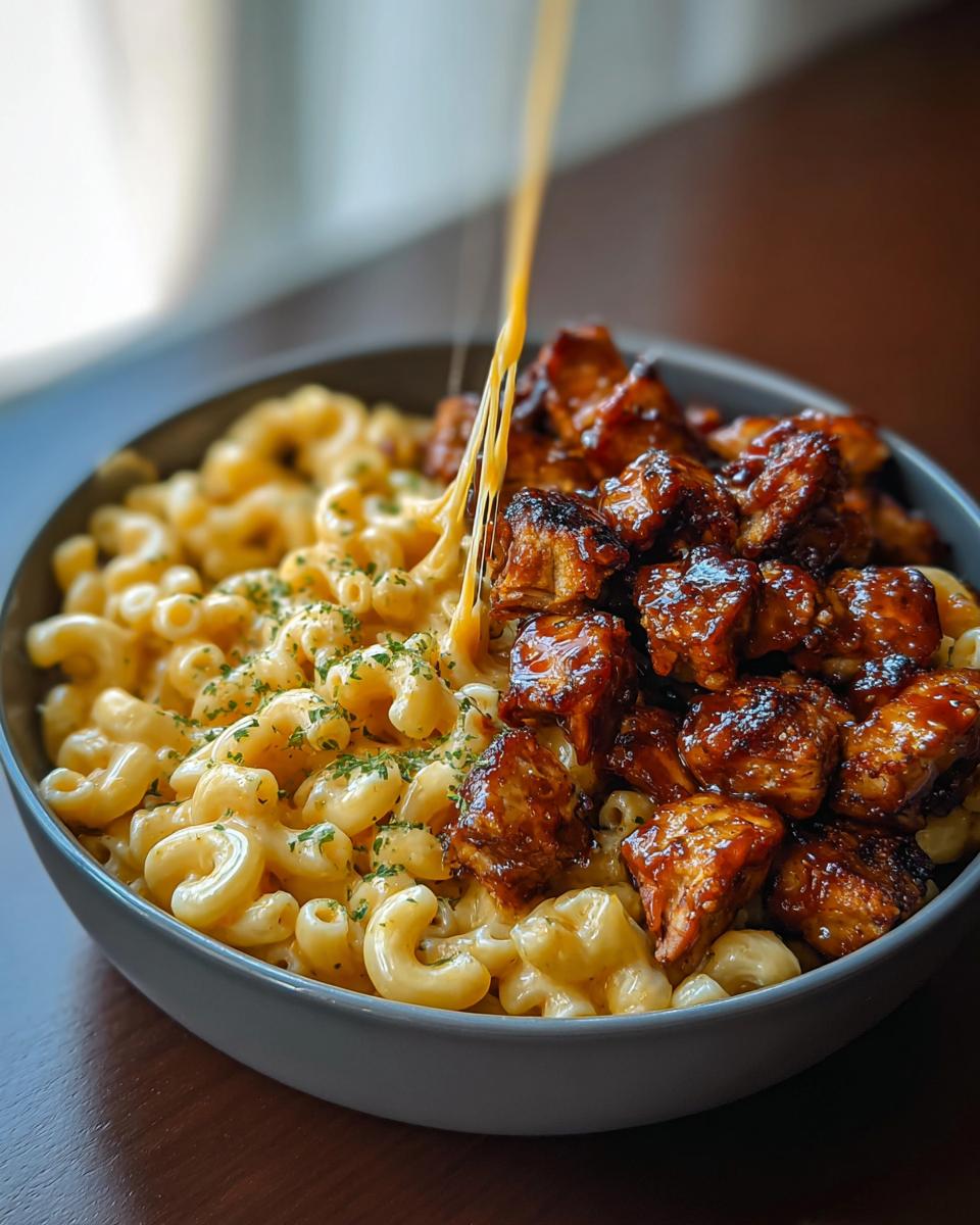 A bowl of creamy mac and cheese topped with glazed honey BBQ chicken pieces, with cheese pull visible.