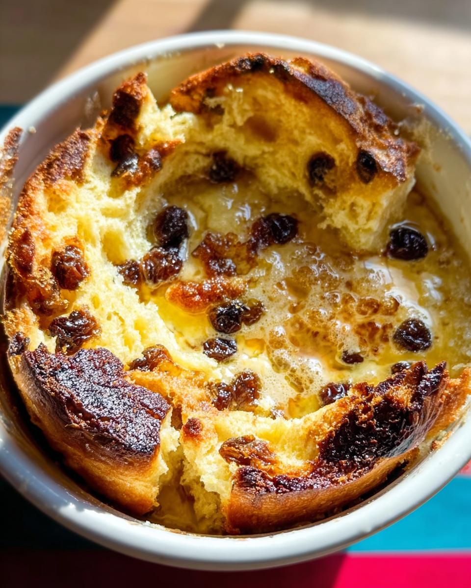 Close-up of a golden-brown Jamie Oliver inspired Bread and Butter Pudding with raisins, baked in a white dish.