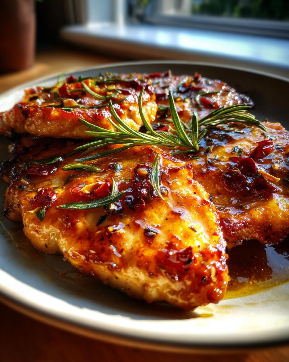Close-up of juicy thick cut chicken breasts coated in a glossy glaze with sun-dried tomatoes and rosemary.
