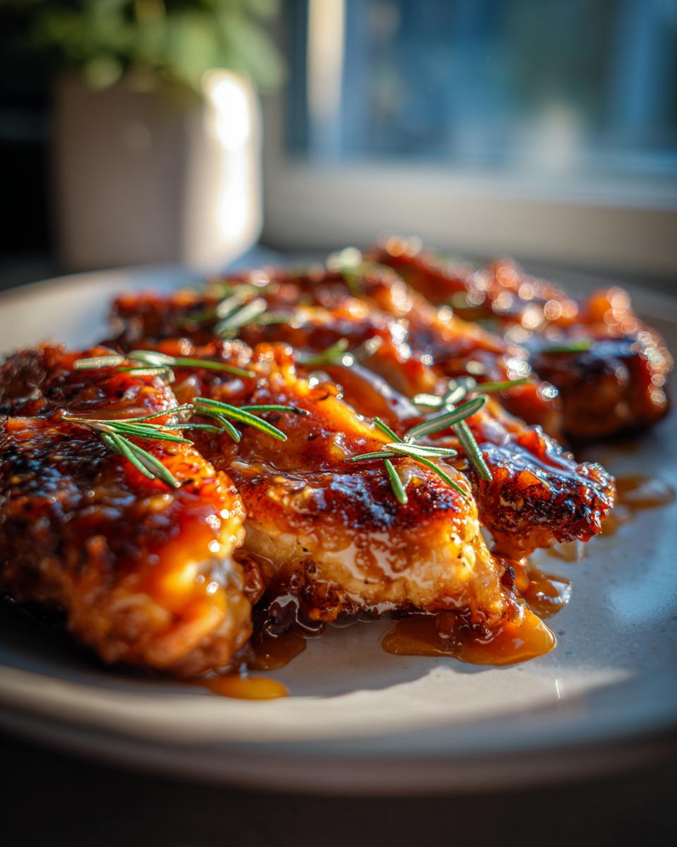 Close-up of juicy thick cut chicken breasts coated in a glistening glaze and garnished with fresh rosemary.