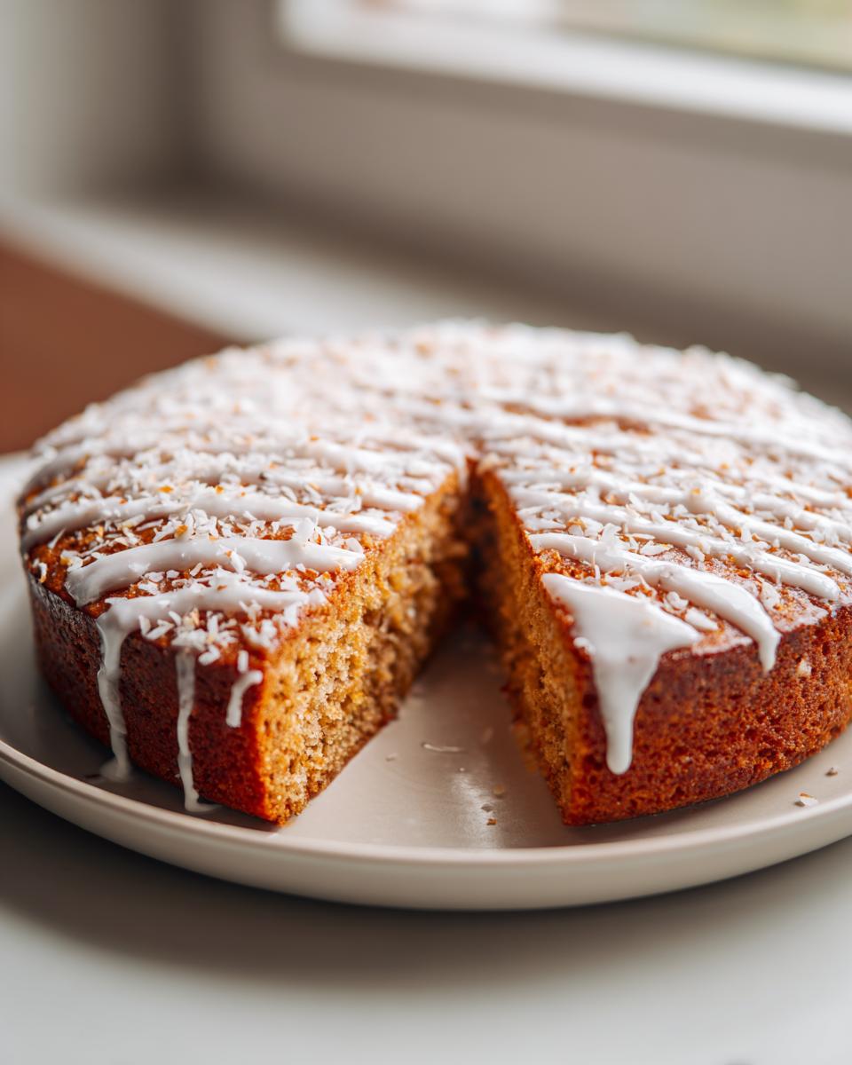 A slice cut from a Lemon and Coconut Cake, drizzled with white icing and sprinkled with desiccated coconut.