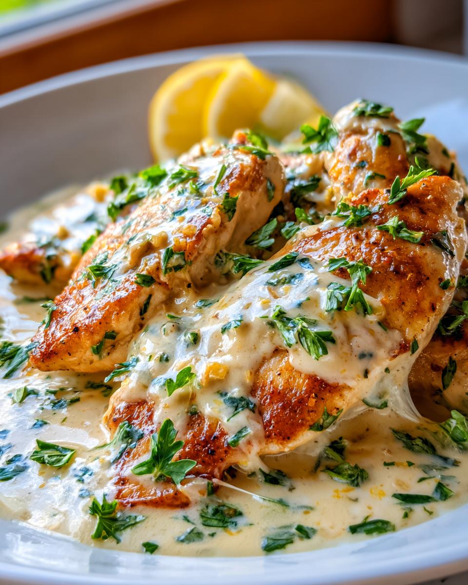 Close-up of golden-brown chicken pieces coated in a creamy lemon sauce, garnished with fresh parsley. Lemon slices are visible in the background.