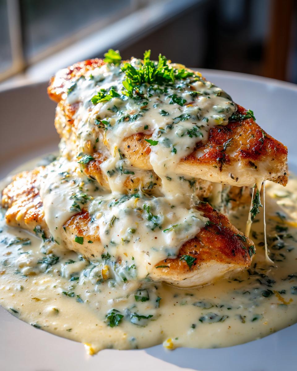 Close-up of pan-seared lemon chicken romano breasts stacked and covered in a creamy sauce with herbs.