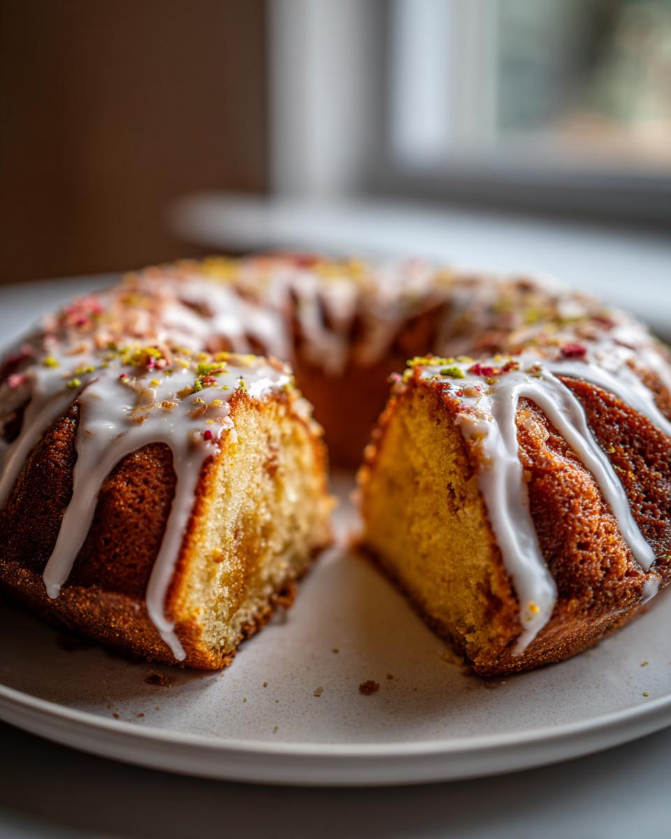 A beautiful Lemon and Coconut Cake, drizzled with white glaze and colourful sprinkles, cut to reveal its moist texture.
