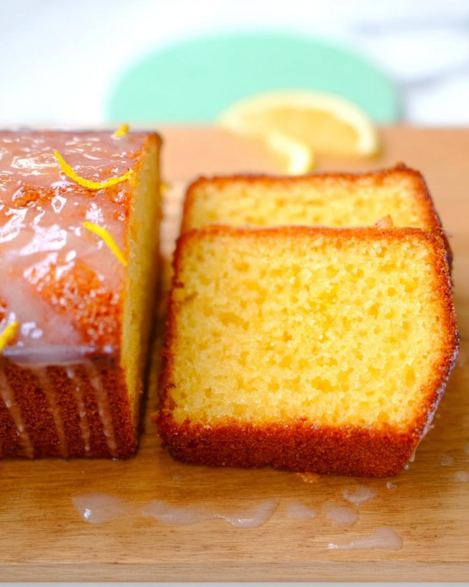 Close-up of a slice of Lemon Drizzle Cake Inspired by Mary Berry, showing its moist crumb and glossy icing.