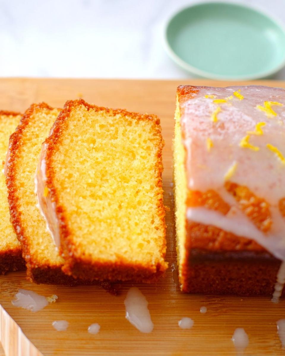 A close-up of a sliced Lemon Drizzle Cake Inspired by Mary Berry, with a glossy icing and lemon zest topping.