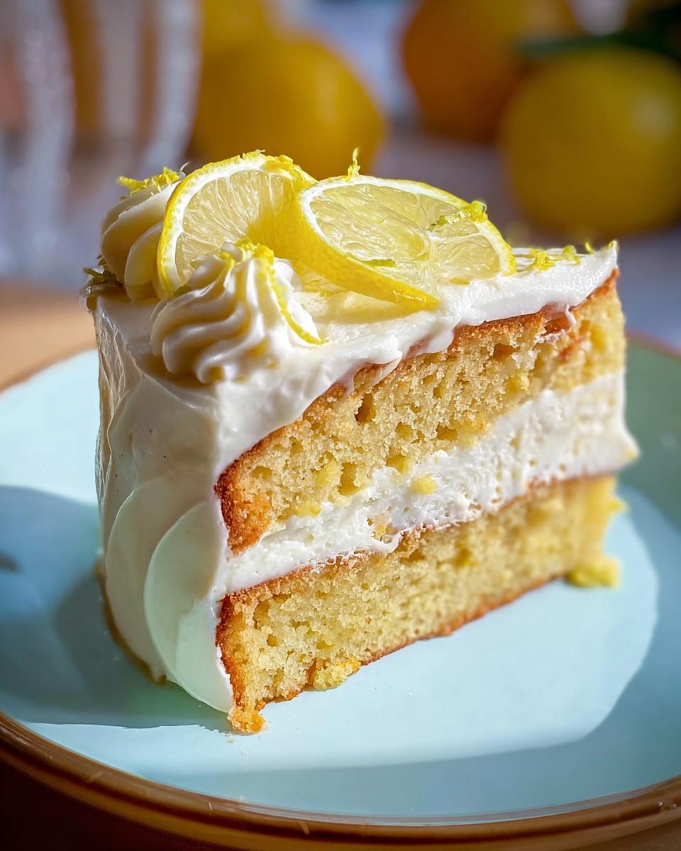 A slice of moist Lemon Drizzle Layer Cake with creamy frosting and candied lemon slices on top.