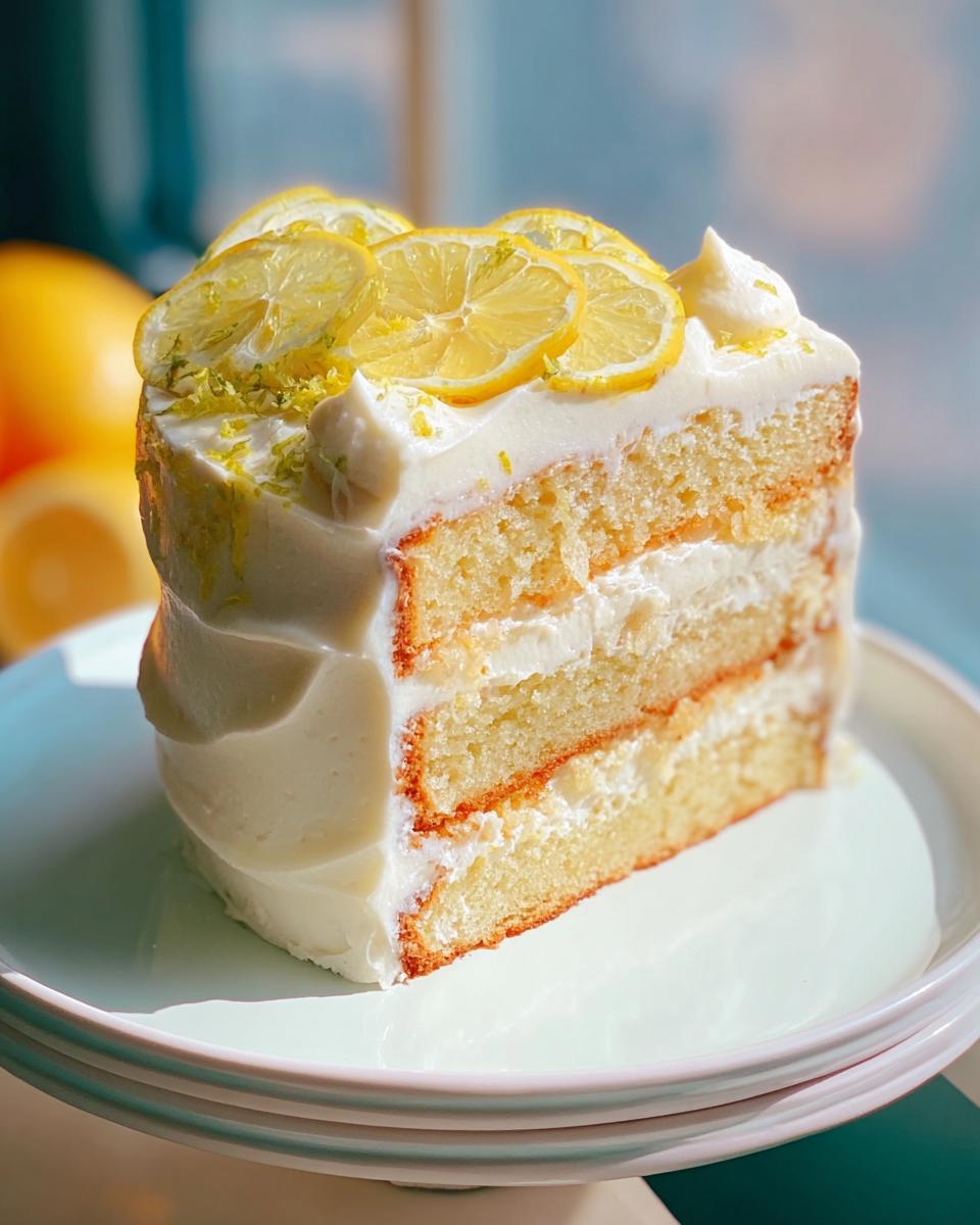 A generous slice of Lemon Drizzle Layer Cake, featuring fluffy sponge, creamy frosting, and topped with candied lemon slices.