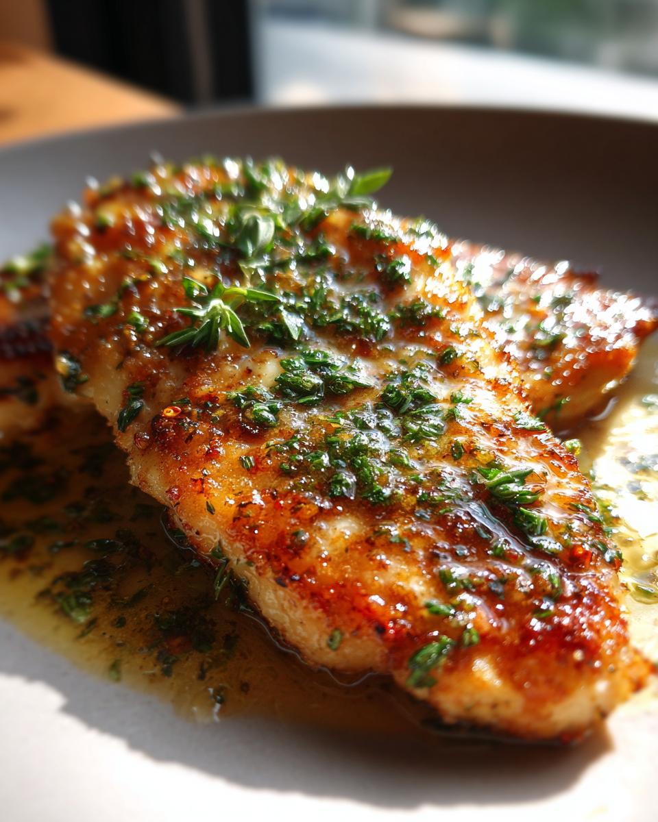 Close-up of golden-brown Lemon Herb Chicken Romano topped with fresh chopped parsley and herbs.