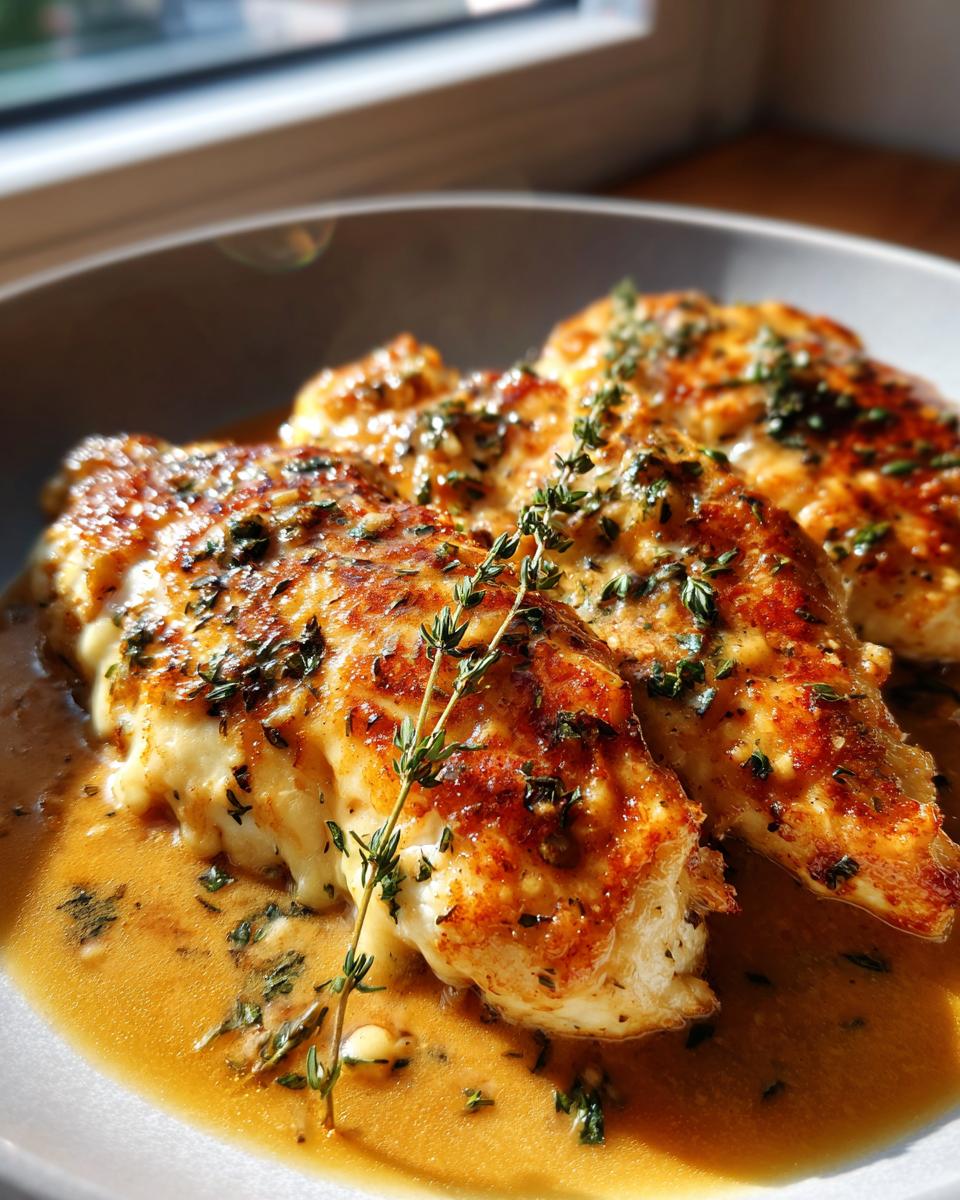 Close-up of golden-brown Lemon Herb Chicken Romano breasts in a rich, savory sauce, garnished with fresh thyme.