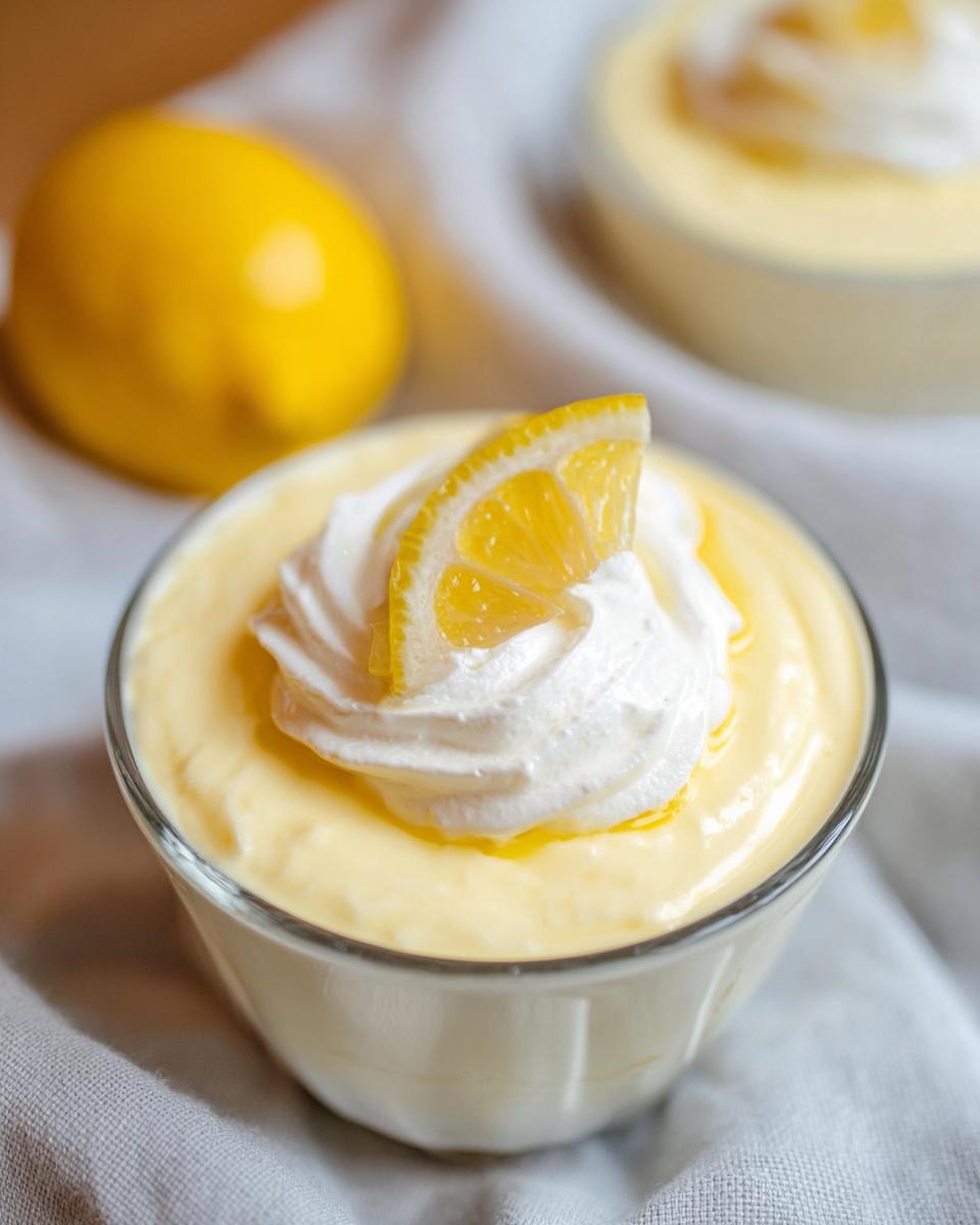 A close-up of a creamy lemon mousse dessert, topped with whipped cream and a lemon slice, inspired by Mary Berry.