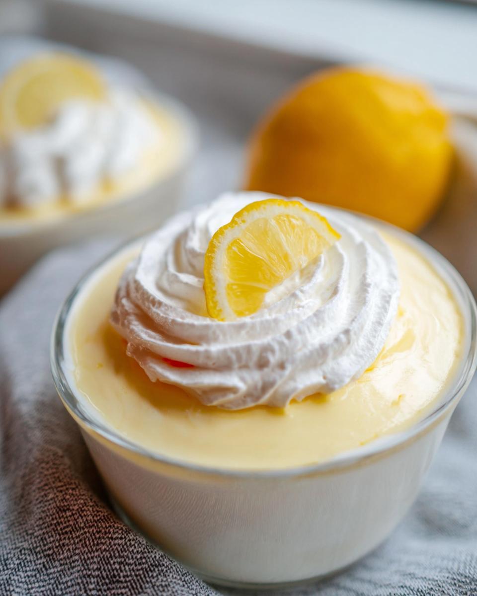 A close-up of a refreshing Lemon Mousse Inspired by Mary Berry, topped with whipped cream and a lemon slice.