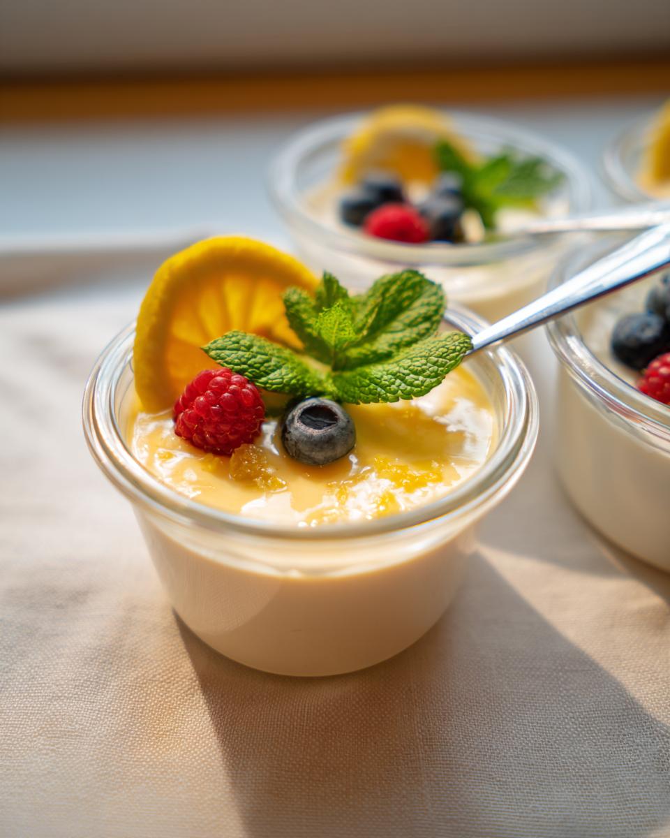 Close-up of a creamy Lemon Posset in a glass pot, garnished with fresh berries, mint, and a lemon slice.