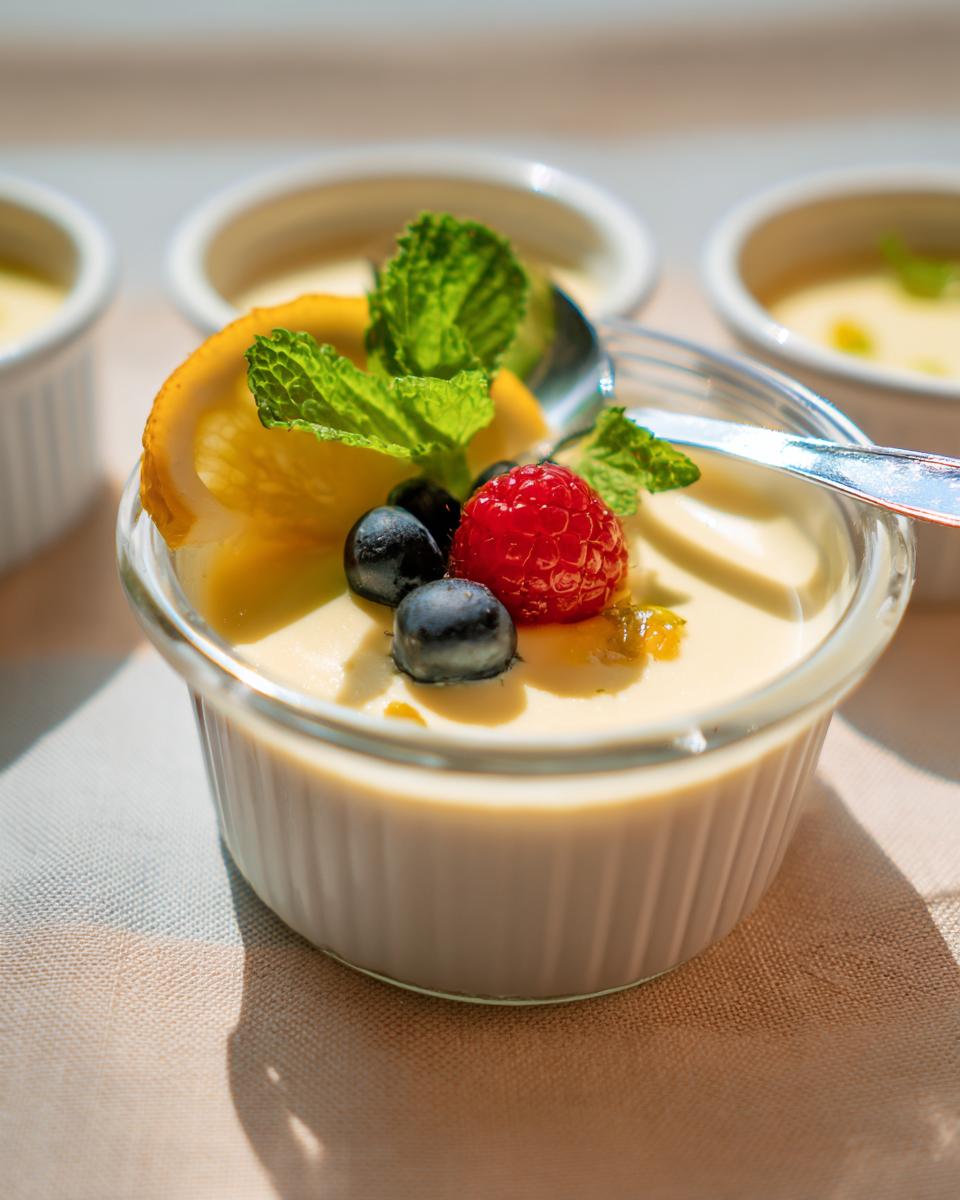 A close-up of a creamy Lemon Posset dessert in a ramekin, garnished with berries, mint, and an orange slice.