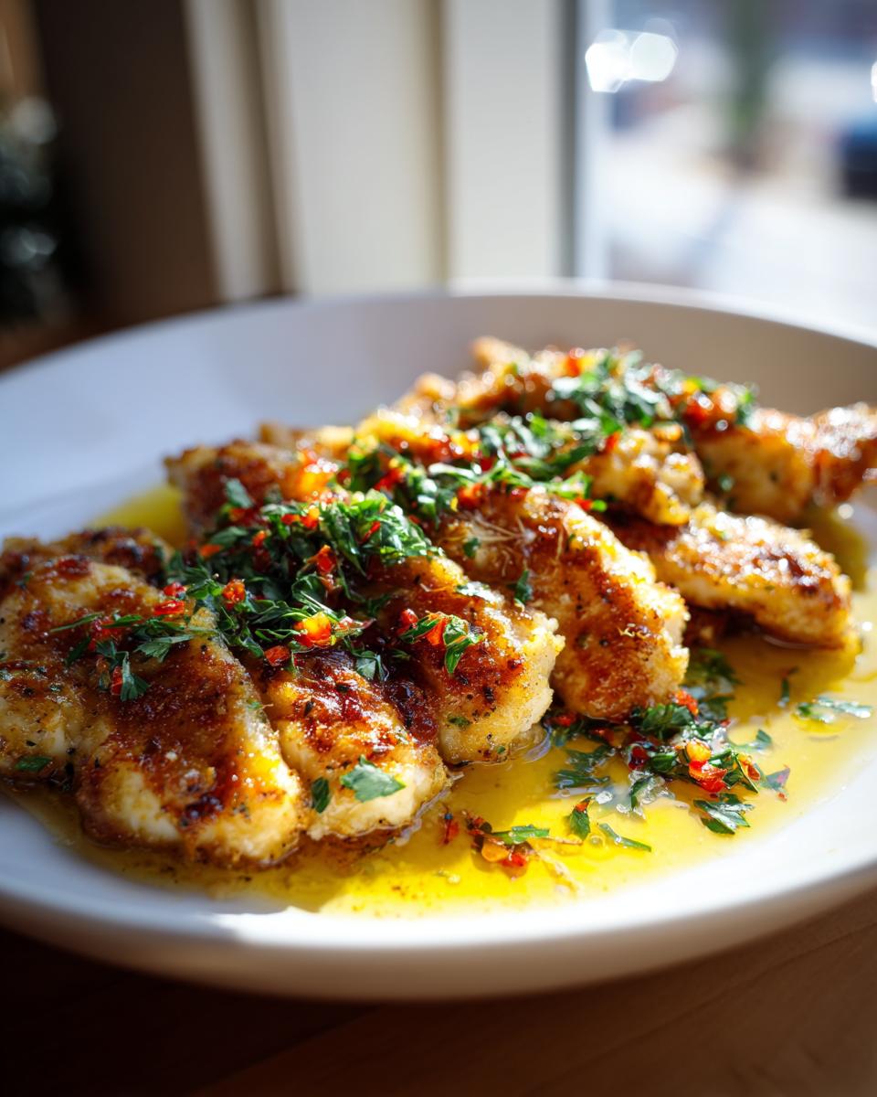 Close-up of crispy Lemon Romano Chicken tenders topped with fresh parsley and chili flakes in a buttery sauce.