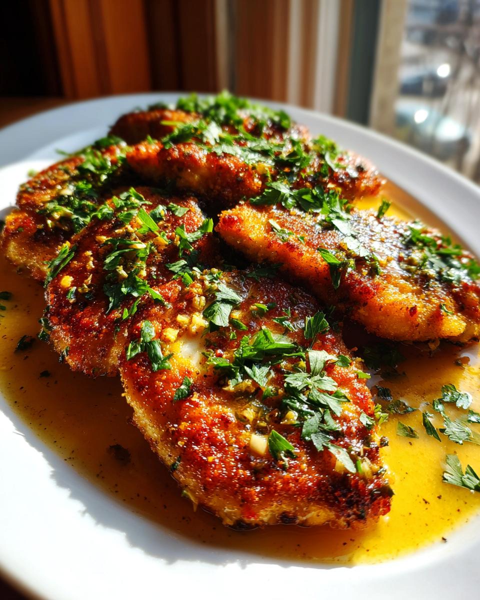 Close-up of golden-brown Lemon Romano Chicken pieces served in a buttery sauce and topped with fresh parsley.