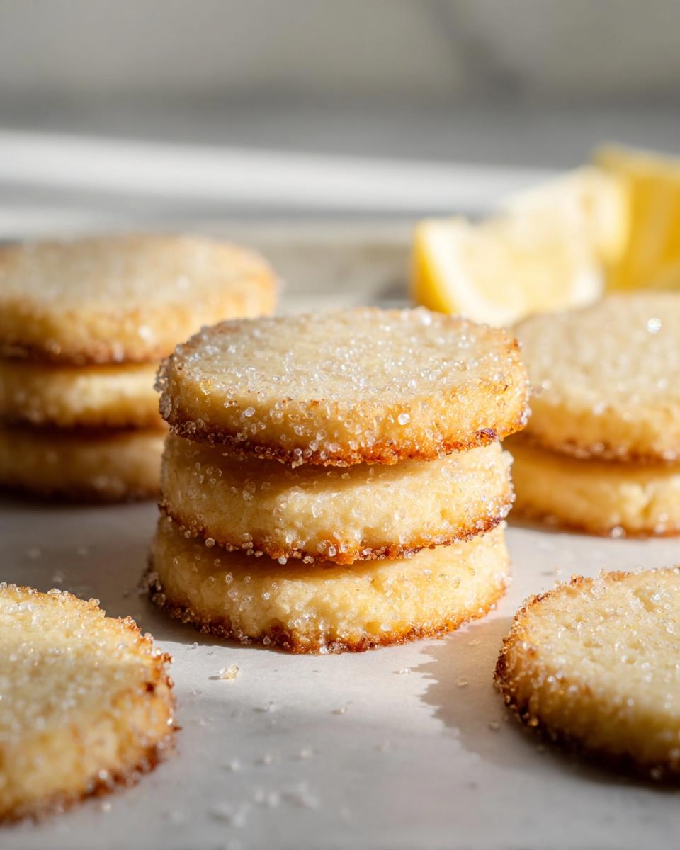 A stack of golden Lemon Shortbread Cookies Inspired by Mary Berry, dusted with sugar, with lemon wedges in the background.