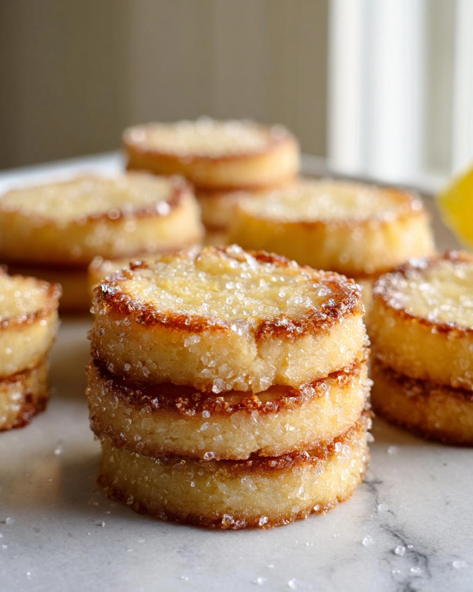 Close-up of stacked Lemon Shortbread Cookies, coated in sparkling sugar, with a hint of lemon in the background.