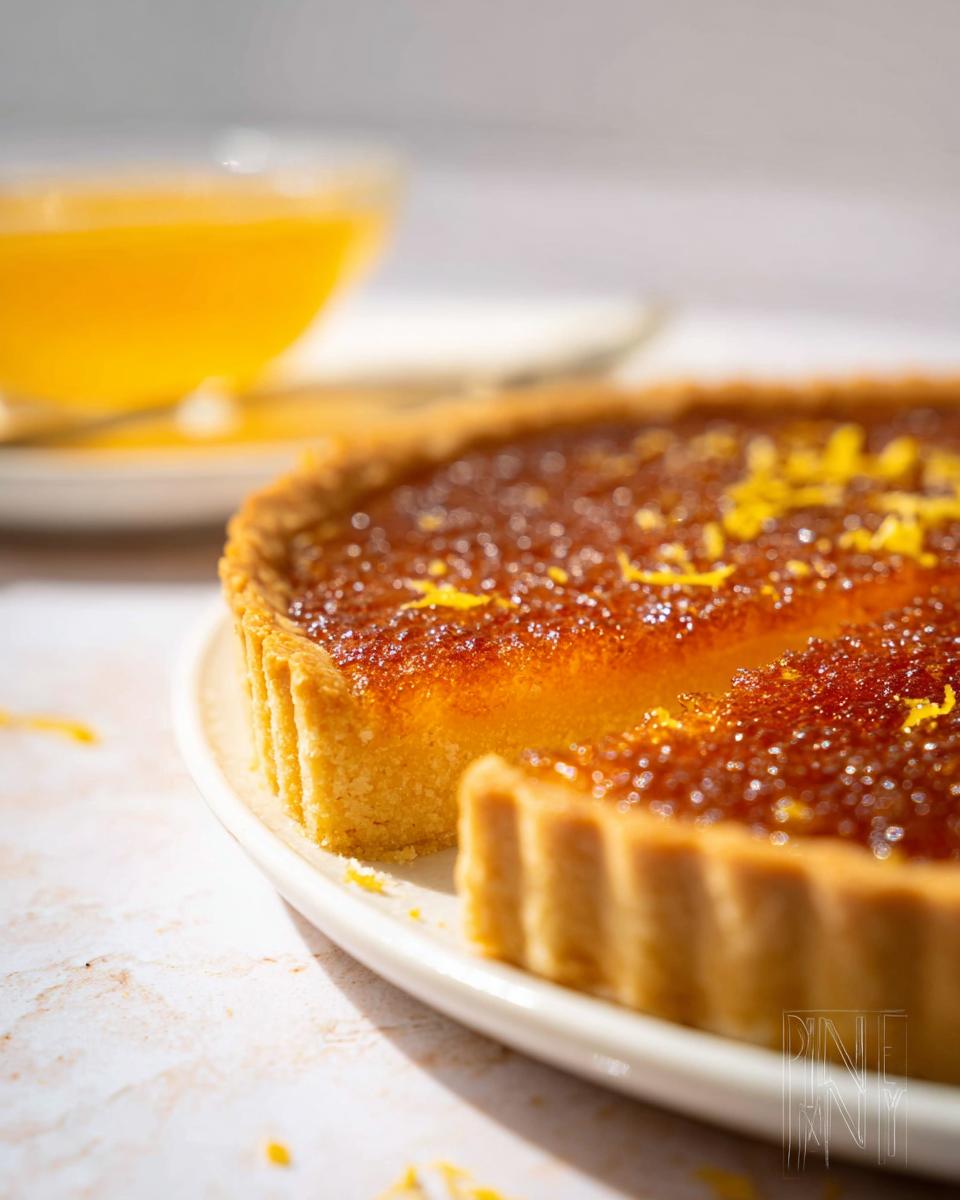A slice of Lemon Treacle Tart Mary Berry Inspired, with a golden crust and glistening filling, garnished with lemon zest.
