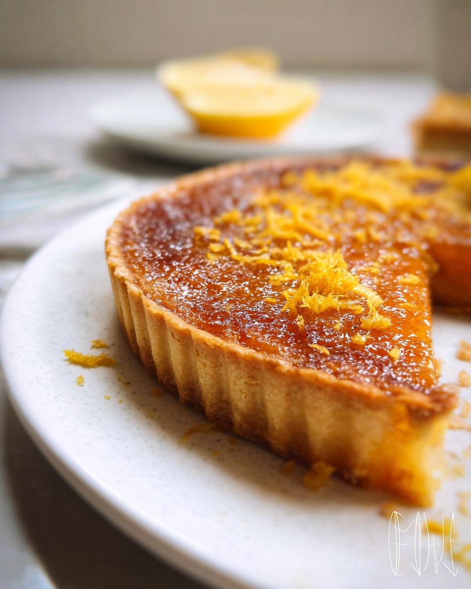 A close-up of a slice of Lemon Treacle Tart Mary Berry Inspired, topped with fresh lemon zest.