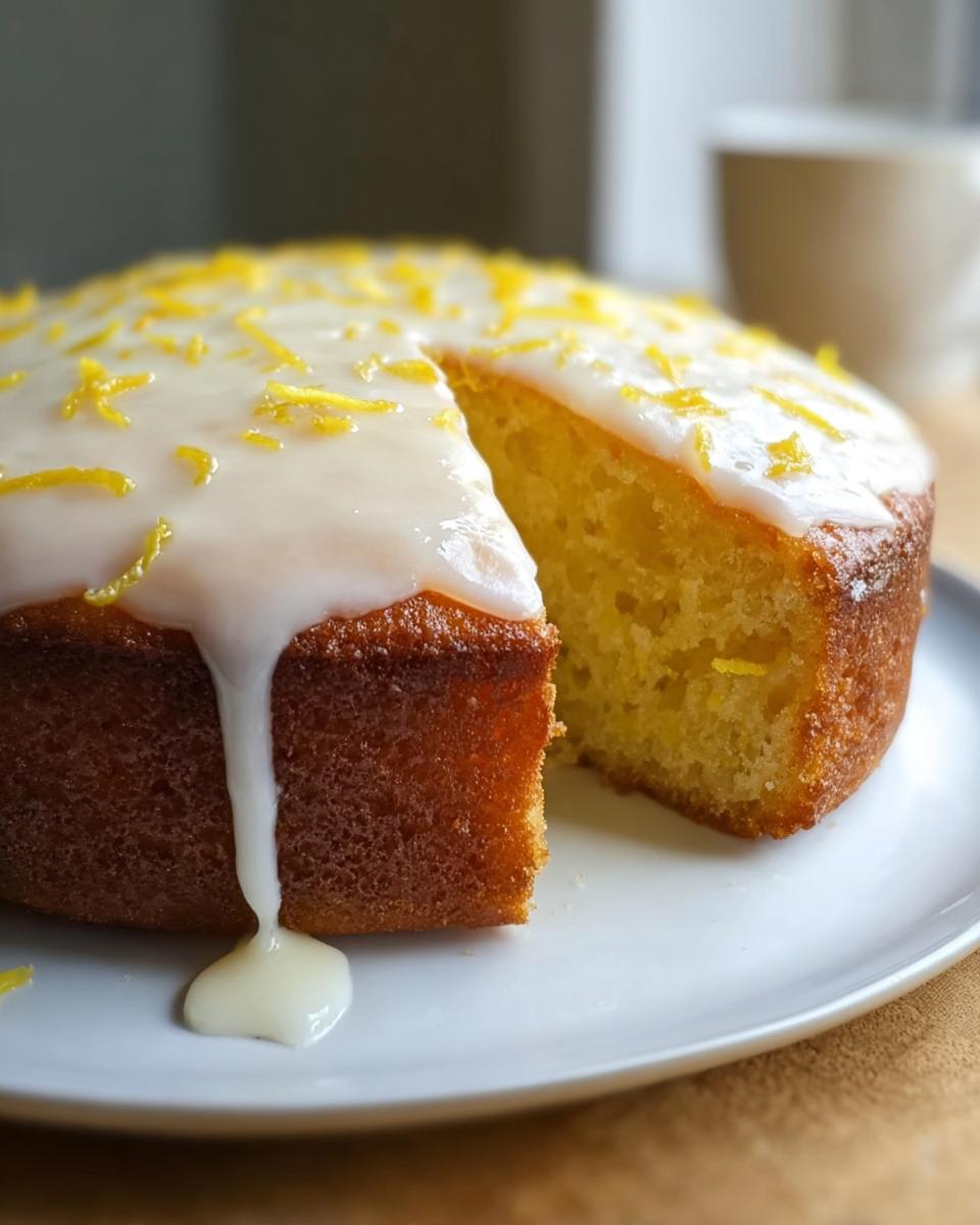 A slice of Lemon Yoghurt Cake Inspired by Mary Berry, topped with white icing and lemon zest, with a drip of icing.