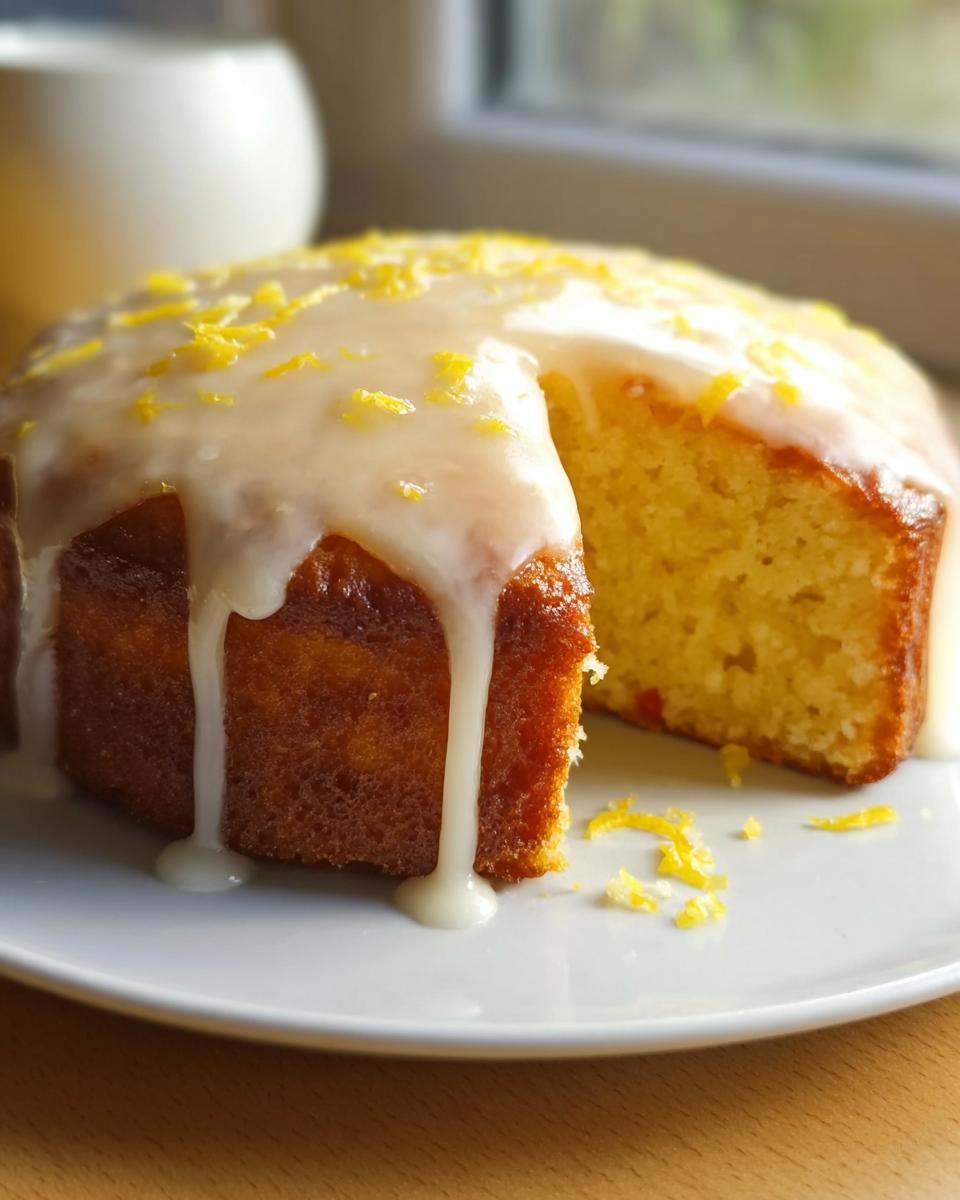 A slice of delicious Lemon Yoghurt Cake Inspired by Mary Berry, drizzled with icing and topped with lemon zest.