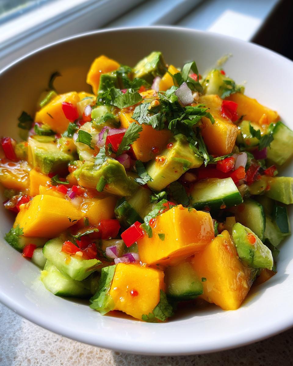 A vibrant bowl of mango avocado salad featuring diced mango, avocado, cucumber, red onion, and cilantro.