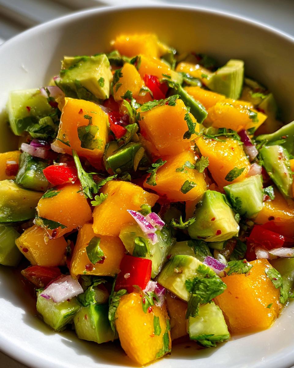 A vibrant bowl of mango avocado salad, featuring diced mango, avocado, red onion, cucumber, and cilantro.