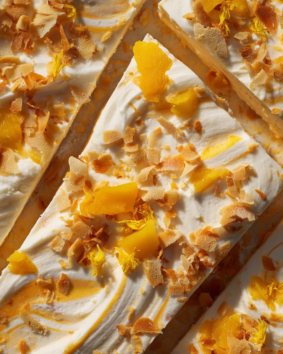 Close-up of sliced Mango Coconut Fro Yo Bark with Greek Yogurt, topped with mango chunks and toasted coconut flakes.