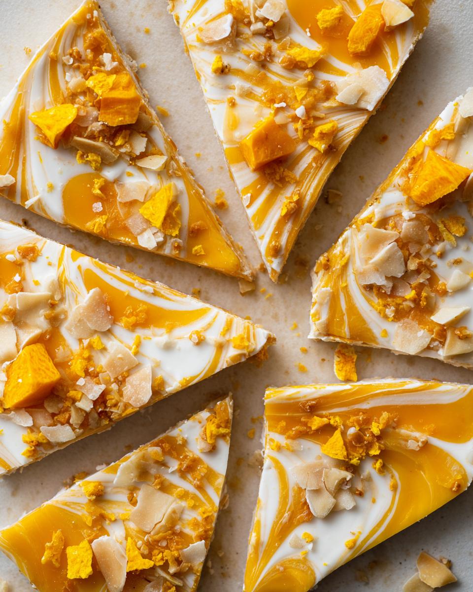 Close-up of sliced Mango Coconut Fro Yo Bark with Greek Yogurt, showing swirls of mango and yogurt, topped with coconut flakes and mango pieces.
