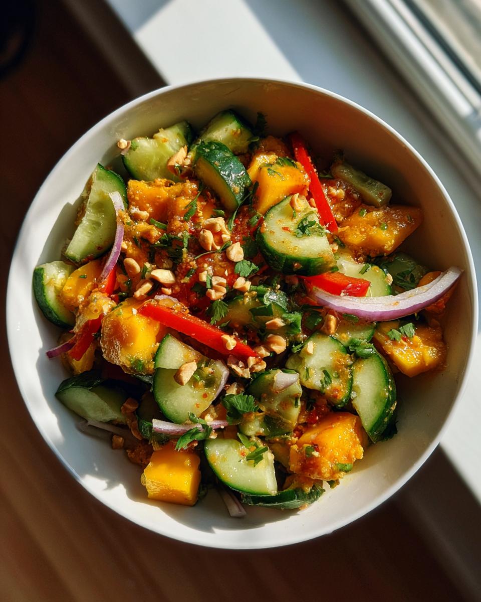 A vibrant bowl of mango cucumber salad, featuring chunks of ripe mango, sliced cucumbers, red onion, and chopped peanuts.