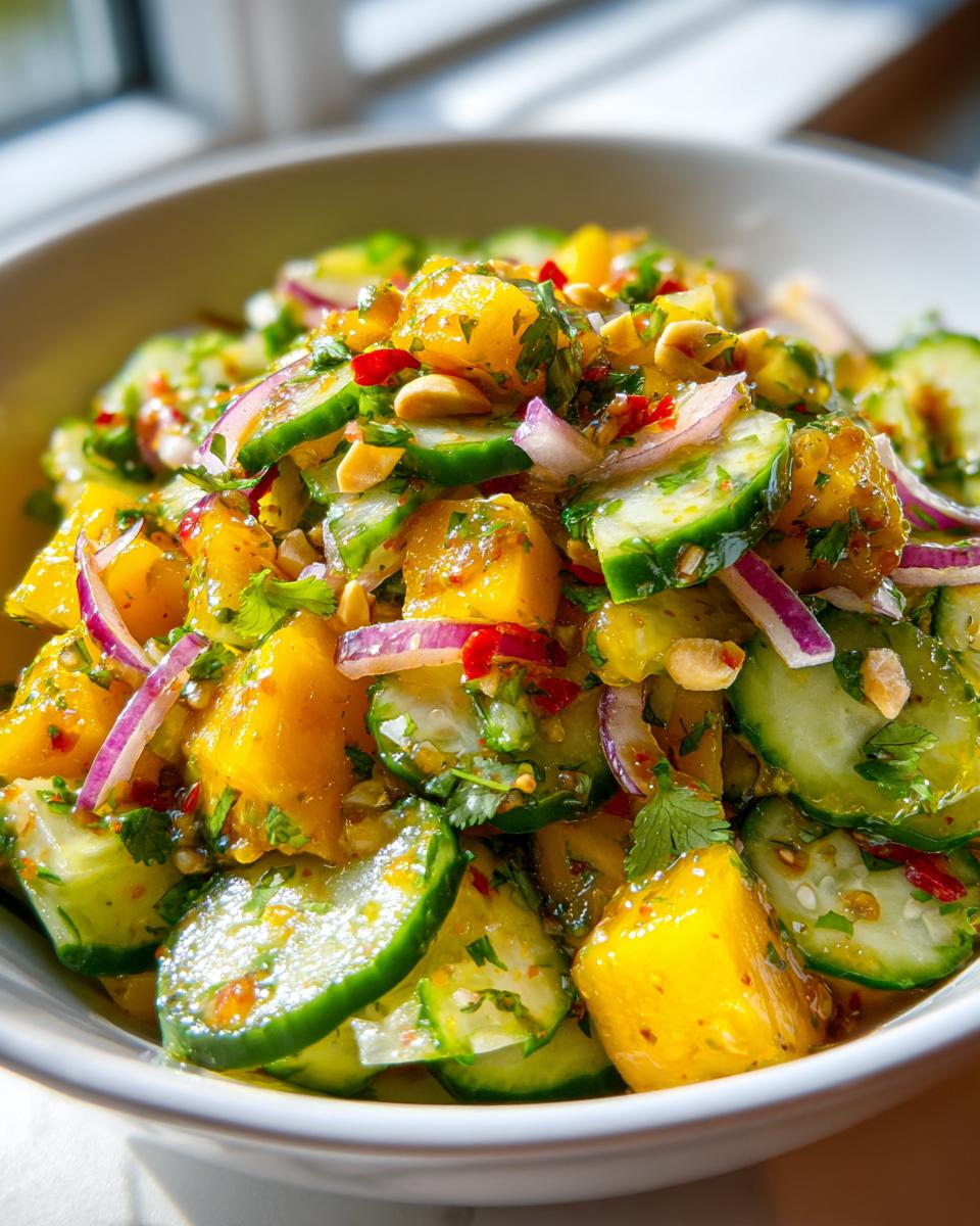 Close-up of a vibrant mango cucumber salad with red onion, chili, and cilantro in a white bowl.