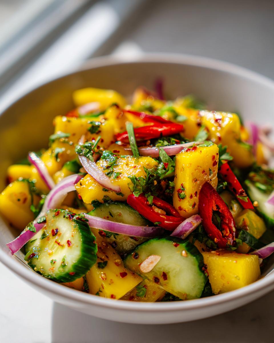 Close-up of a vibrant mango salad with chili lime dressing, featuring chunks of mango, cucumber slices, red onion, and red chili peppers.