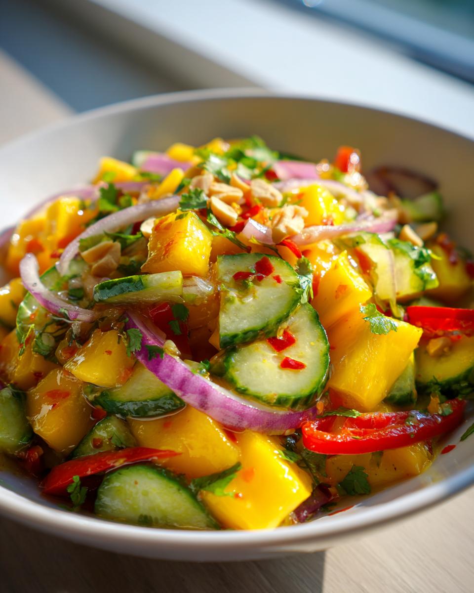 Vibrant mango salad with chili lime dressing, featuring diced mango, cucumber, red onion, chili peppers, and cilantro.