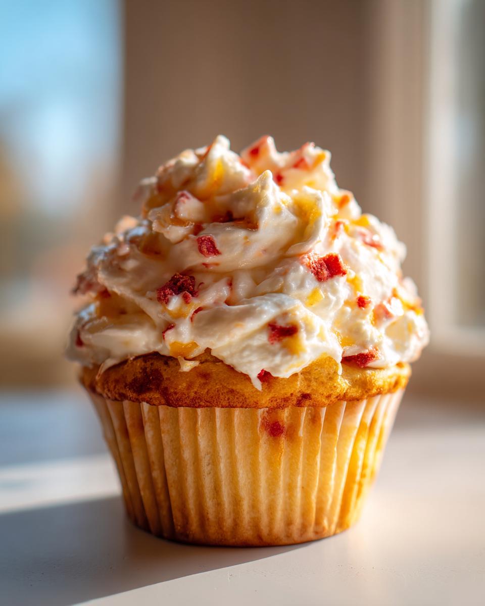A close-up of a delicious mango strawberry cupcake topped with creamy frosting and fruit pieces.