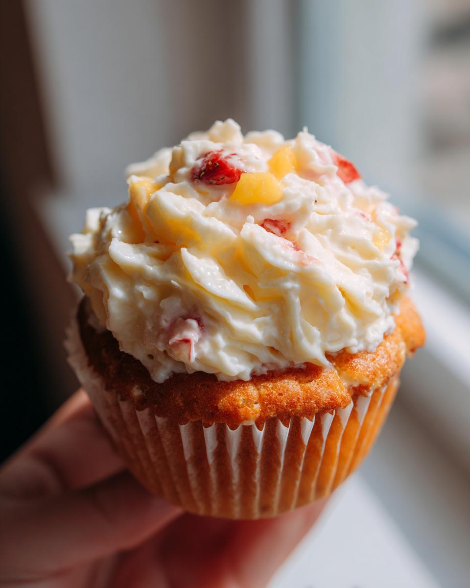 A close-up of a delicious mango strawberry cupcake with creamy frosting and fruit pieces.