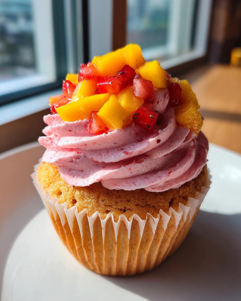A close-up of a perfectly baked mango strawberry cupcake with pink frosting and fresh fruit topping.