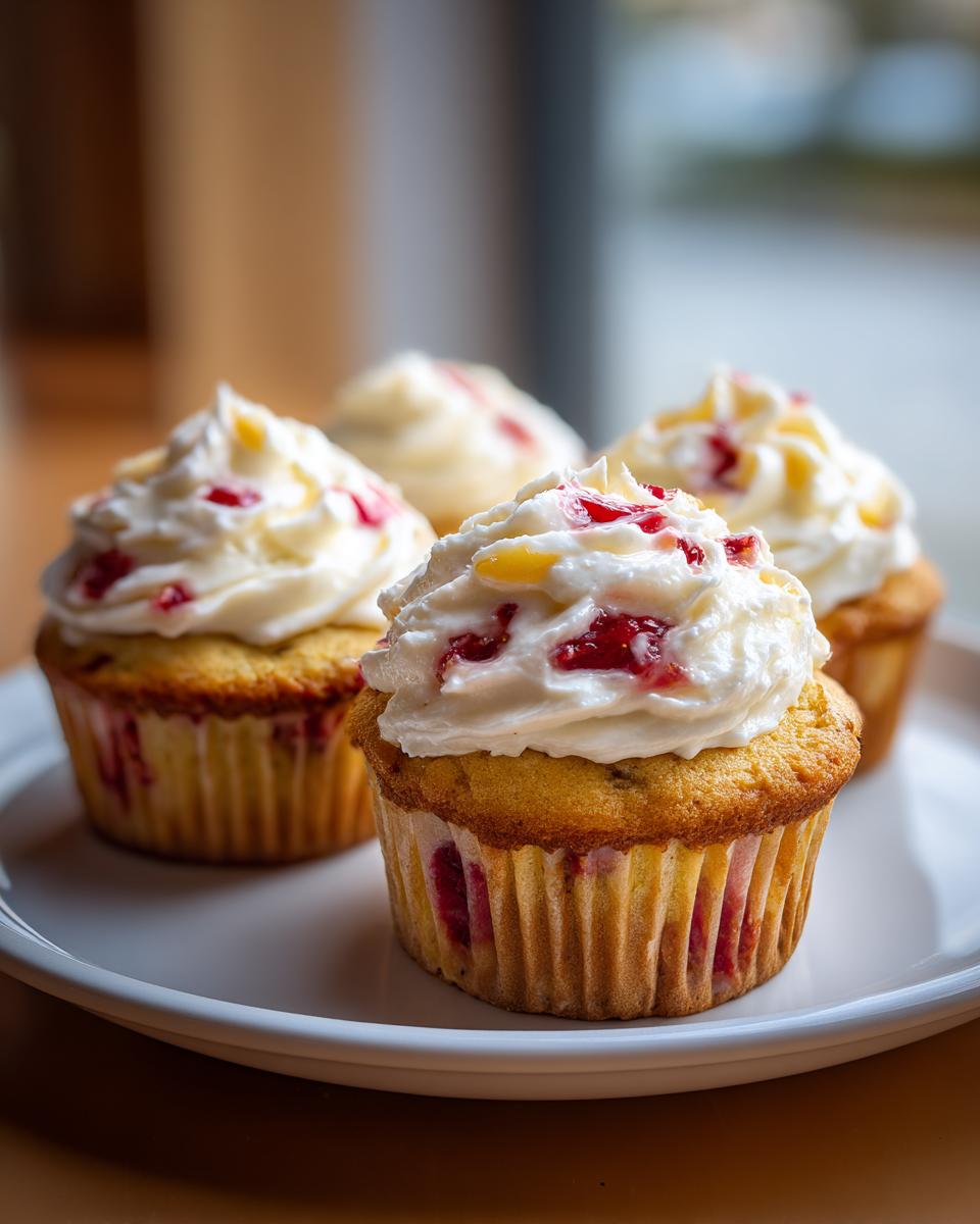 Close-up of four frosted mango strawberry cupcakes with swirls of white frosting and red fruit filling.