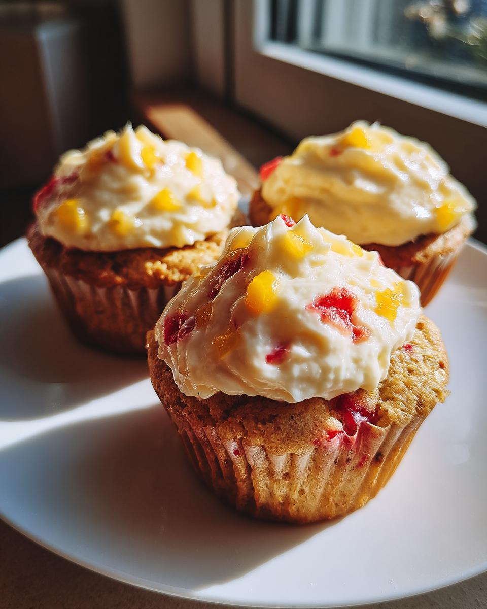 Three delicious mango strawberry cupcakes topped with creamy frosting and fruit pieces, presented on a white plate.