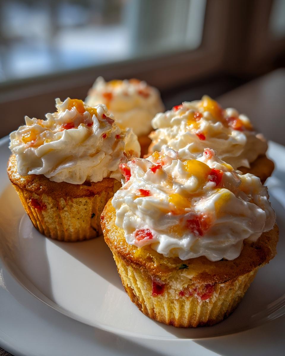 Close-up of four delicious mango strawberry cupcakes topped with fluffy white frosting and fruit pieces.
