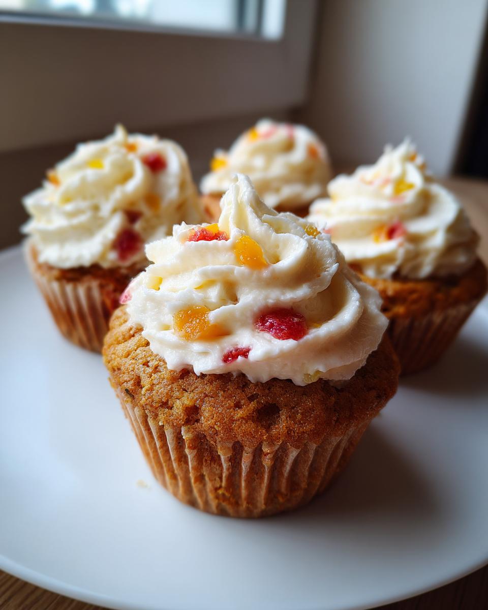 Close-up of delicious mango strawberry cupcakes topped with swirls of white frosting and colorful fruit pieces.