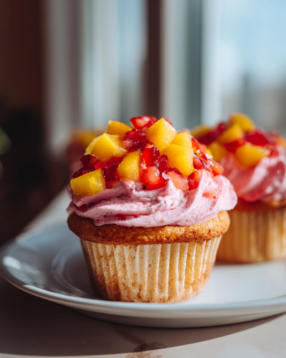 Close-up of a delicious mango strawberry cupcake topped with pink frosting and fresh fruit pieces.