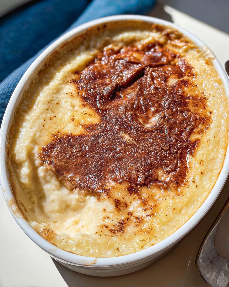 A close-up of a creamy baked rice pudding inspired by Mary Berry, with a golden-brown caramelised top sprinkled with cinnamon.