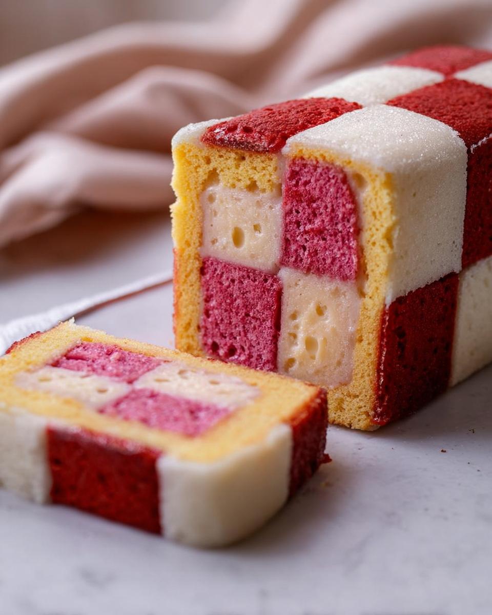A slice of a classic Mary Berry Battenberg Cake with red, yellow, and white sponge squares and marzipan.