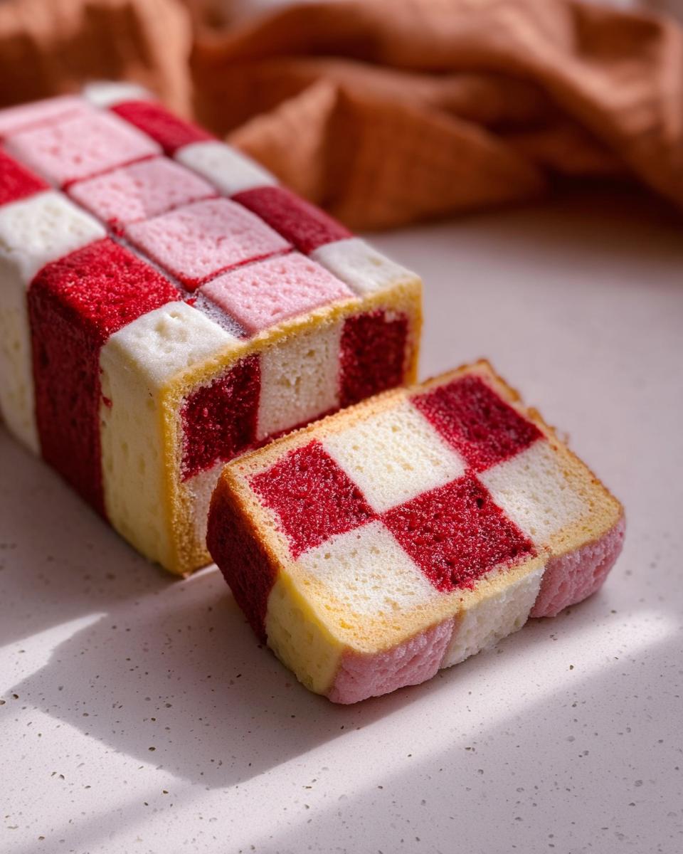 A slice of a classic Mary Berry inspired Battenberg cake, showcasing its iconic red and white checkerboard pattern.