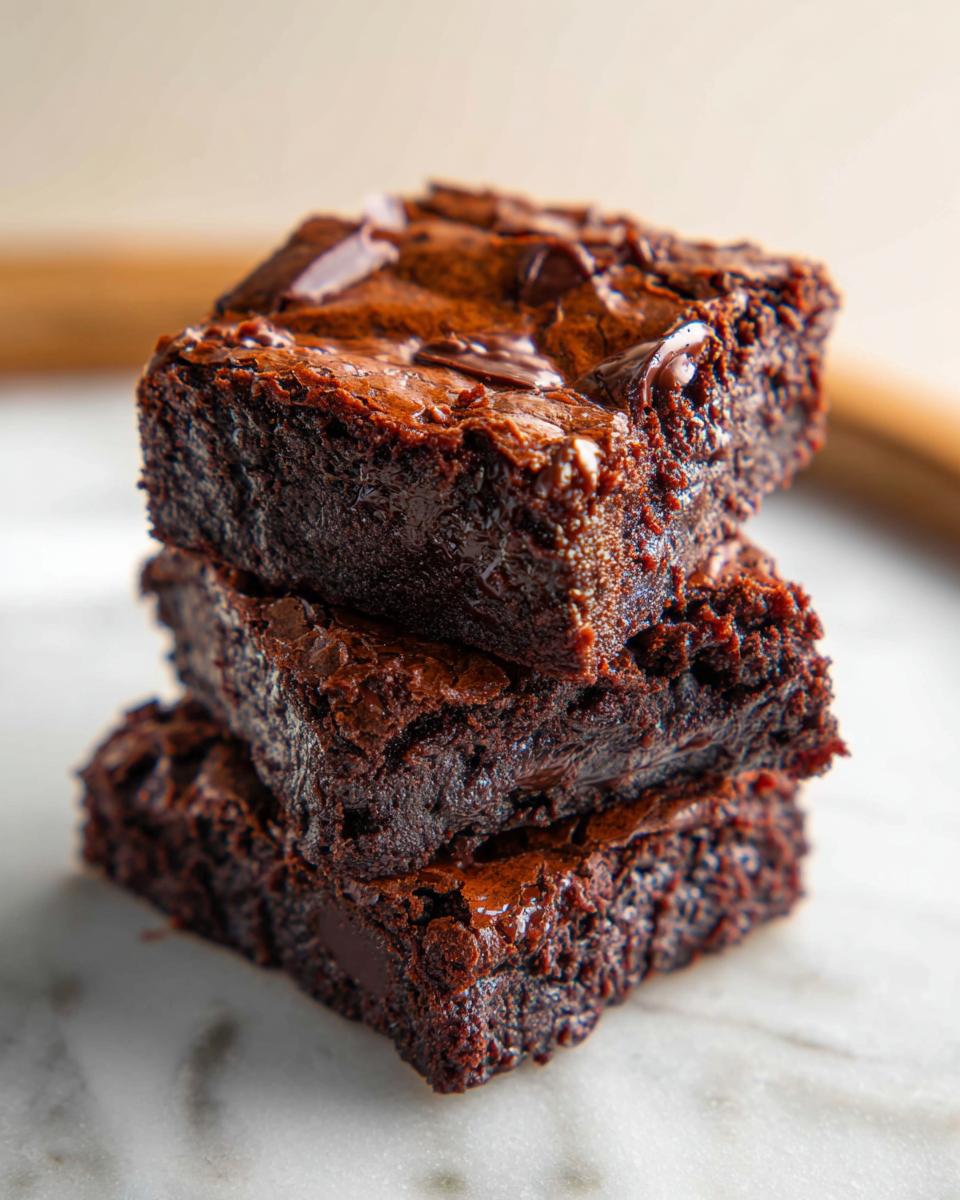 A close-up stack of three Mary Berry Inspired Best Fudgy Brownies, topped with chocolate chunks.