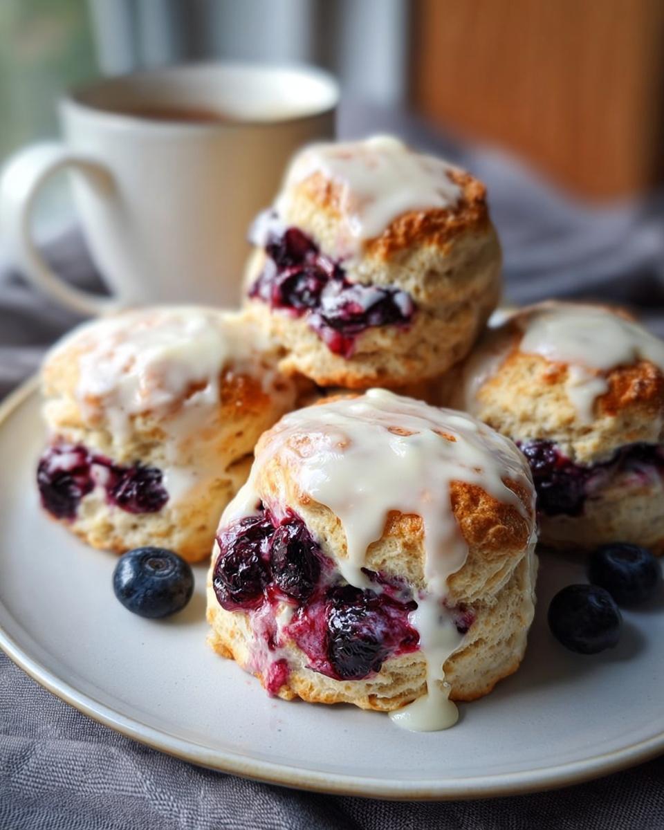 Close-up of delicious Blueberry Scones inspired by Mary Berry, drizzled with a white glaze and fresh blueberries.