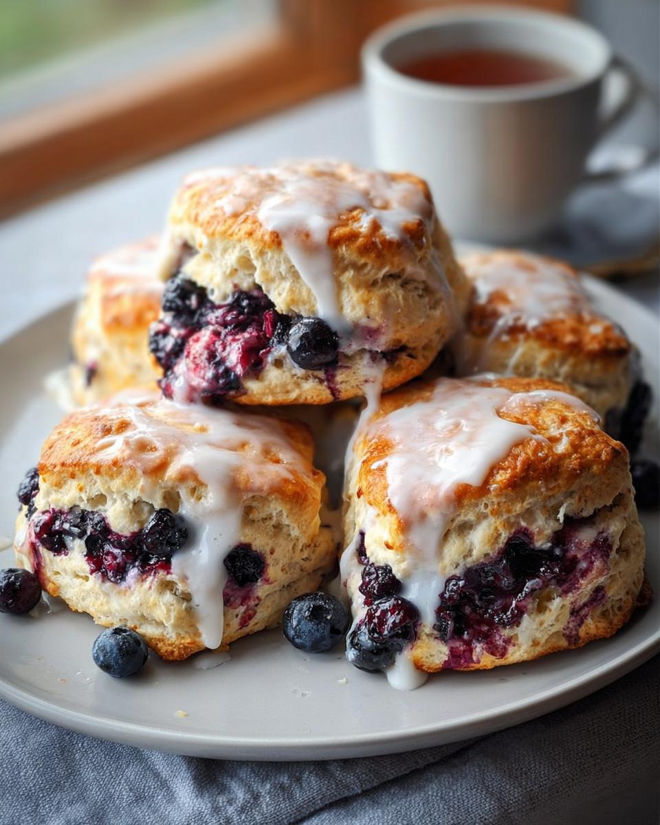 Close-up of delicious blueberry scones inspired by Mary Berry, drizzled with white glaze and fresh blueberries.