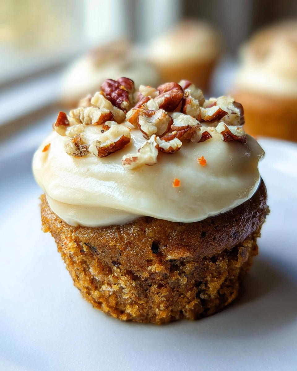 Close-up of a delicious Mary Berry-Inspired Easy Carrot Cake Cupcake topped with cream cheese frosting and chopped pecans.